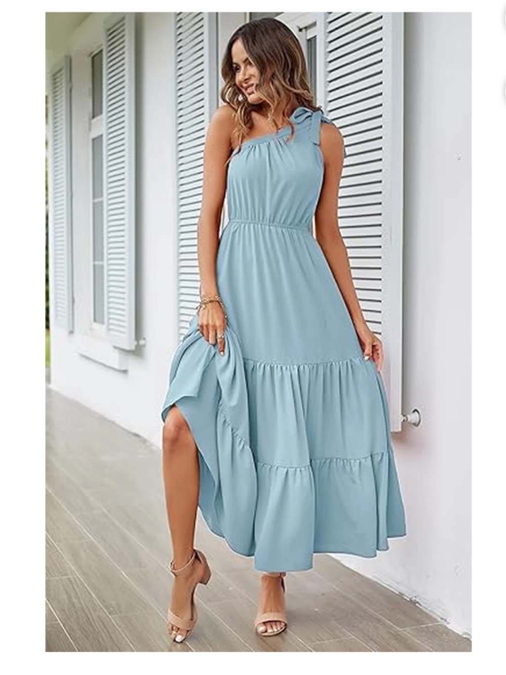 Pretty Garden One-Shoulder Tiered Maxi Boho Dress in Light Blue Medium - Picture 2 of 4